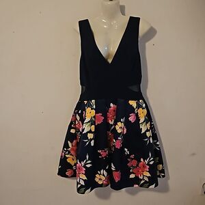 XSCAPE Women's Floral SideMesh Cutout Tutu Mini Dress 12 Navy Blue, Pink